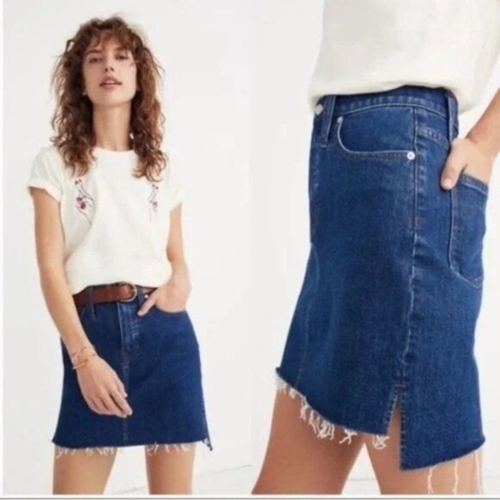 Madewell Stretch Denim Straight Jean Skirt Frayed Step-Hem - Size 27